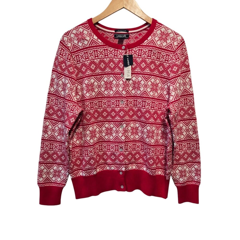 Lands End Cardigan Supima Cotton Fair Isle Red Large Ivory Fair Isle